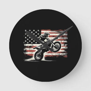 Reloj Redondo Mediano Dirt Bike Bandera Americana Motocross Biker Vintag