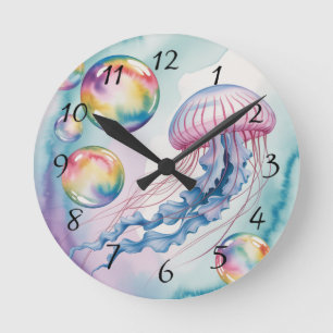 Reloj Redondo Mediano Diseño Acuarela de Medusa Caprichosa Arcoíris