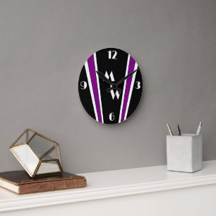 Reloj Redondo Mediano Diseño Art Decó Negro Y Morado Monogramado