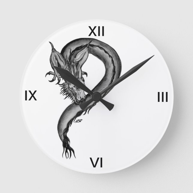 Reloj Redondo Mediano Diseño blanco y negro de Dragon (Anverso)