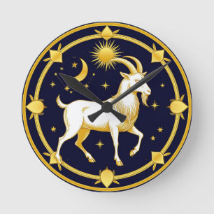 Reloj Redondo Mediano Diseño Capricornio Zodiaco Dorado