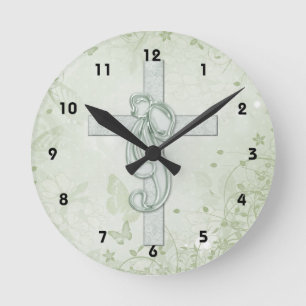 Reloj Redondo Mediano Diseño cristiano suave de cruz verde y reverencia 