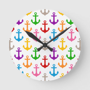 Reloj Redondo Mediano Diseño de Ancla de Barco Colorida Blanca 