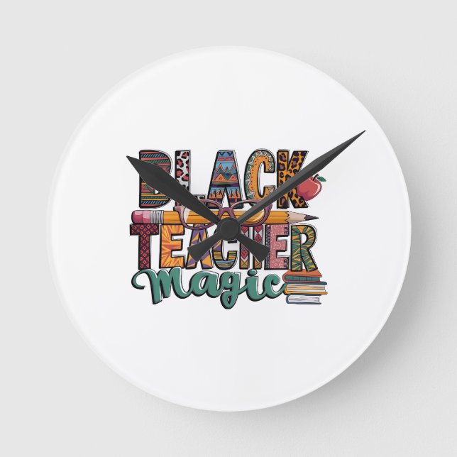 Reloj Redondo Mediano Diseño de bloques mágicos para profesores negros: (Anverso)