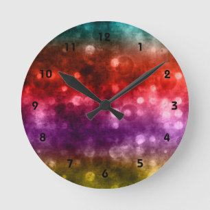 Reloj Redondo Mediano Diseño de Bokeh verde azulado, rojo, púrpura y art