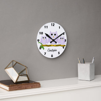 Reloj Redondo Mediano Diseño de búhos lila personalizado