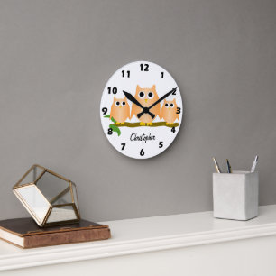 Reloj Redondo Mediano Diseño de búhos naranjas personalizados