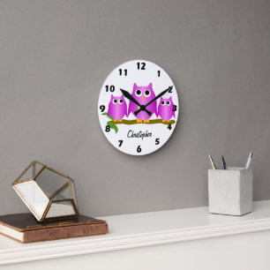 Reloj Redondo Mediano Diseño de búhos personalizados Purple