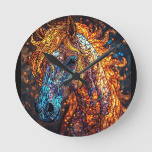 Reloj Redondo Mediano Diseño de Caballo de Vidrio Emplomado