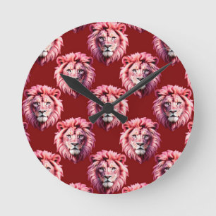 Reloj Redondo Mediano Diseño de cabeza de león rosa granate