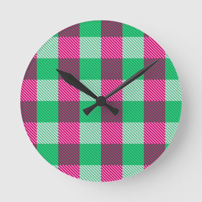 Reloj Redondo Mediano Diseño de cheques de Gingham verde rosa (Anverso)