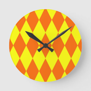 Reloj Redondo Mediano Diseño de cuadros arlequín amarillo naranja