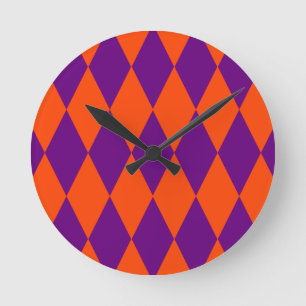 Reloj Redondo Mediano Diseño de cuadros arlequín naranja y púrpura