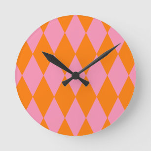 Reloj Redondo Mediano Diseño de cuadros arlequín naranja y rosa