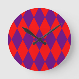 Reloj Redondo Mediano Diseño de cuadros arlequín rojo y púrpura