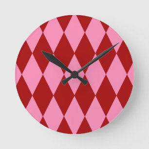 Reloj Redondo Mediano Diseño de cuadros arlequín rosa rojo