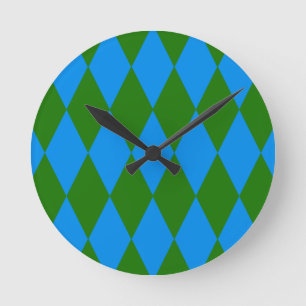 Reloj Redondo Mediano Diseño de cuadros de arlequín azul verde