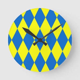 Reloj Redondo Mediano Diseño de cuadros de arlequín azul y amarillo