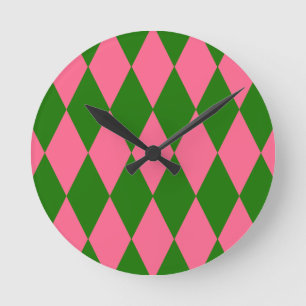 Reloj Redondo Mediano Diseño de cuadros de arlequín rosa y verde