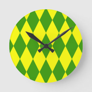 Reloj Redondo Mediano Diseño de cuadros de arlequín verde amarillo