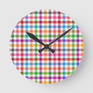 Reloj Redondo Mediano Diseño de cuadros escoceses de gingham de arcoíris