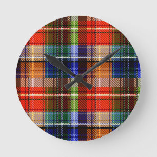 Reloj Redondo Mediano Diseño de Cuadros Escoceses Rojo Azul Verde Amaril