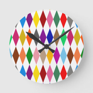 Reloj Redondo Mediano Diseño de Diamantes Arlequín Coloridos Blanco