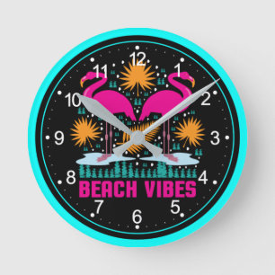 Reloj Redondo Mediano Diseño de Flamencos Rosas Beach Vibes