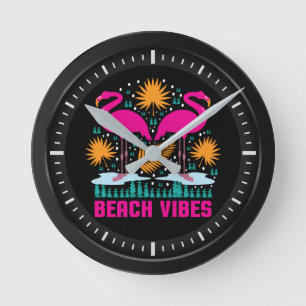Reloj Redondo Mediano Diseño de Flamencos Rosas Beach Vibes