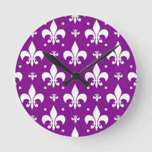 Reloj Redondo Mediano Diseño de flor de lis púrpura y blanco