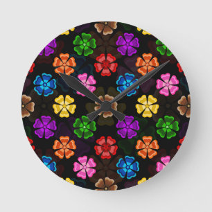 Reloj Redondo Mediano Diseño de flores de arcoíris retro coloridas negro