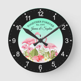 Reloj Redondo Mediano Diseño de Flores Tropicales y Flamencos