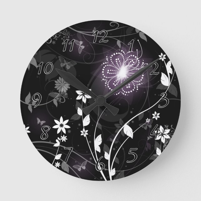 Reloj Redondo Mediano Diseño de flores y mariposas púrpuras iluminadas (Anverso)