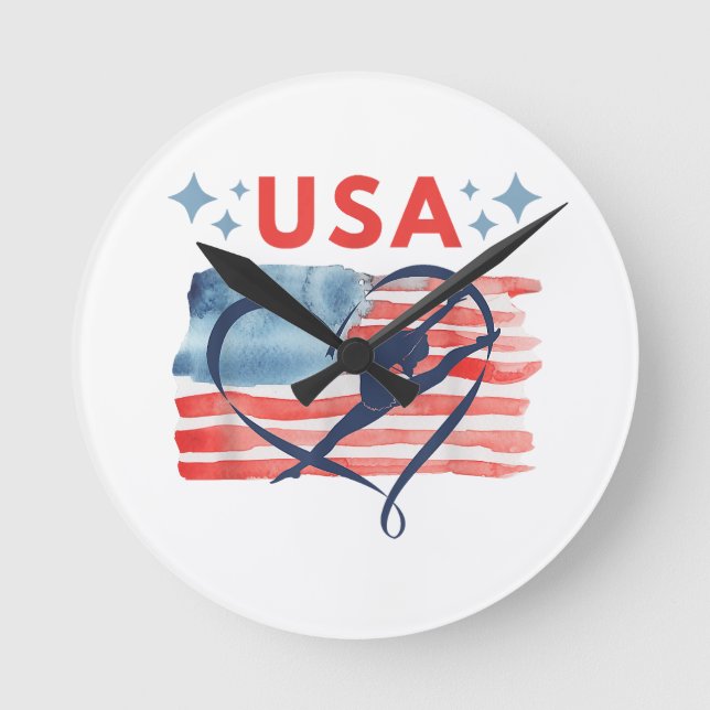 Reloj Redondo Mediano Diseño de gimnasia con bandera norteamericana patr (Anverso)