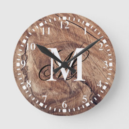 Reloj Redondo Mediano Diseño de granos de madera rústicos monograma pers