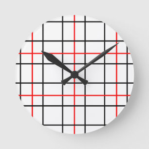 Reloj Redondo Mediano Diseño de líneas de cuadrícula negras rojas