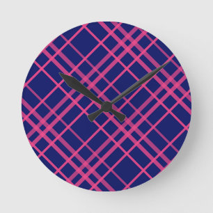 Reloj Redondo Mediano Diseño de líneas de cuadros azules sobre rosa