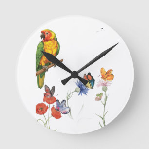 Reloj Redondo Mediano diseño de loro y mariposas en acuarela