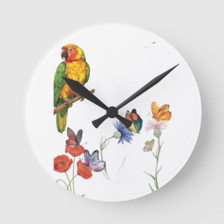 Reloj Redondo Mediano diseño de loro y mariposas en acuarela