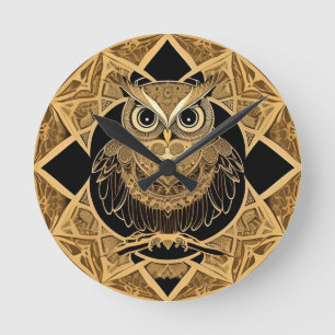 Reloj Redondo Mediano Diseño de Mandala de Búho Decorativo Dorado