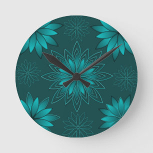 Reloj Redondo Mediano Diseño de Mandala de Hoja Verde Azulada sobre Cian