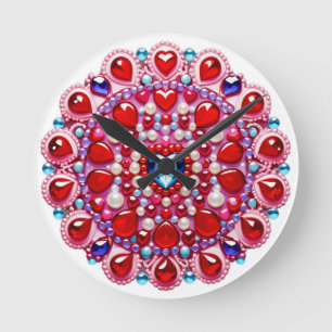 Reloj Redondo Mediano Diseño de Mandala de Joyas de Corazón Coloridas