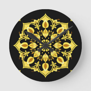 Reloj Redondo Mediano Diseño de Mandala Dorado con Patrones Simétricos