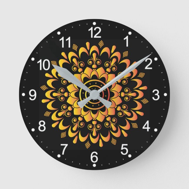 Reloj Redondo Mediano Diseño de Mandala único dorado (Anverso)