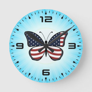 Reloj Redondo Mediano Diseño de mariposa de bandera estadounidense-62615