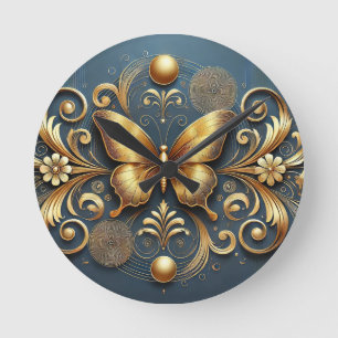 Reloj Redondo Mediano Diseño de Mariposa Dorada