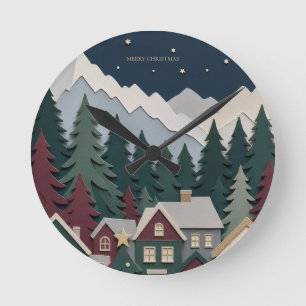 Reloj Redondo Mediano Diseño de Navidad, pueblo invernal de papel recort