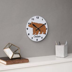 Reloj Redondo Mediano Diseño de Oso Grizzly en Cualquier Color de Fondo
