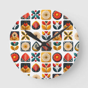 Reloj Redondo Mediano Diseño de pared floral de arte folclórico retro