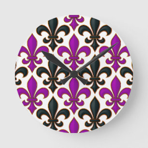 Reloj Redondo Mediano Diseño de patrón barroco de flor de lis negro púrp